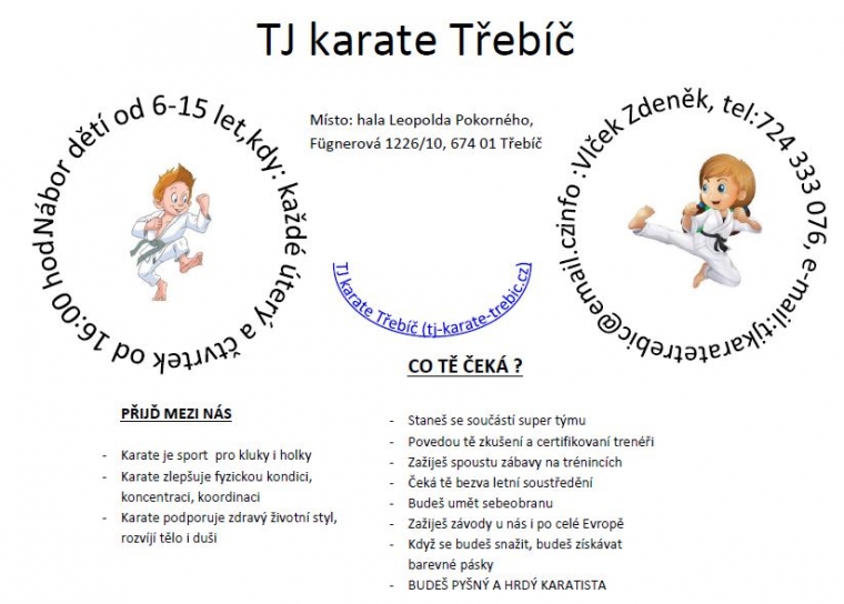 TJ karate Třebíč,  Nábor dětí od 6-15 let